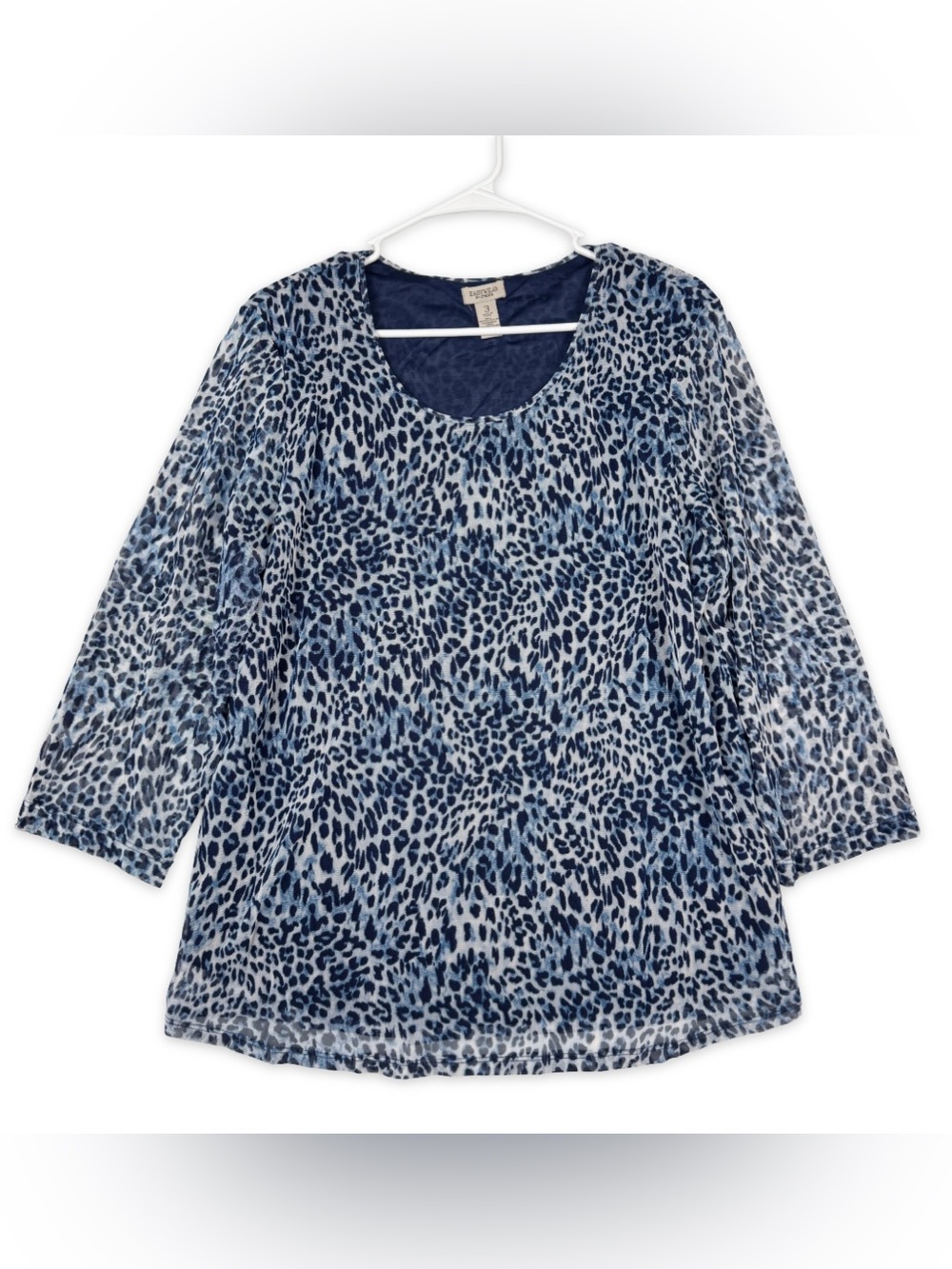Chicos Easywear Top Blouse Size 3 Womens XL Leopard Print Mesh Blue Layered